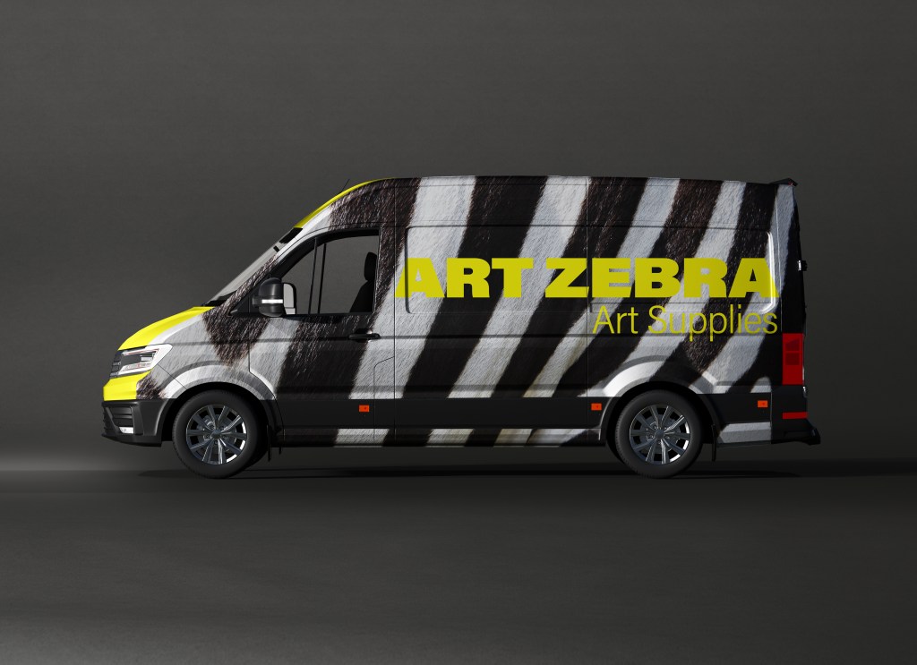 Mockup of van with zebra stripes on it with large yellow text on it reading "art zebra art supplies." 